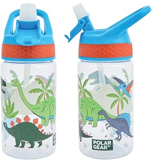 Polar Gear 430ml Kids Bottle with Easy Open Flip Cap - BPA Free, Spill-Proof Soft Spout, Secure Screw Cap Closure, Suitable for Ages 48 Months and Up - Dinosaur, Blue