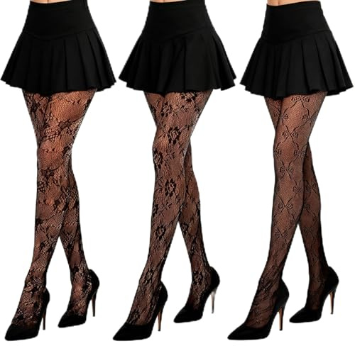 Wnzdp 3 Pairs Elasticity Patterned Tights, Black Lace Tights for Women, Lace Floral and Bow Design, High Waist Fashion for Cosplay and Parties