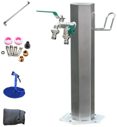 Freestanding Stainless Steel Garden Water Column - Floor Mounted Tap & Hose Hanger, Elegant Outdoor Fountain for Tranquil Garden Oasis