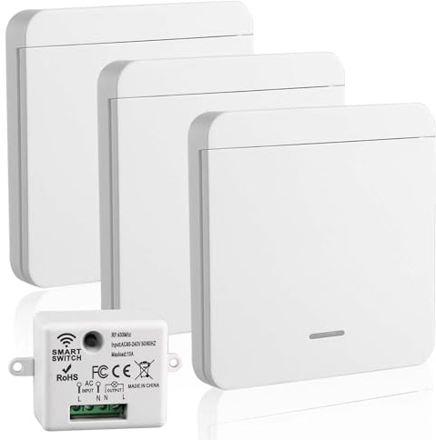 4 Piezas Interruptor Inalámbrico Kit, 433MHz Interruptor de Luz Pared Sin Cableado con Receptor 220V 10A, Mando a Distancia Alcance 30m, Control Remoto para Lámpara LED, Techo, Electrodomésticos