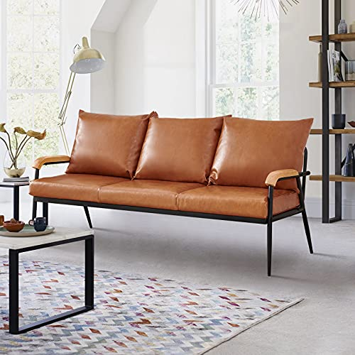 TUKAILAi 3 Seater Sofa Faux Leather Soft Lounge Settee with Solid Wooden Armrest and Metal Frame Couches for Living Room Reception Office Furniture Light Brown