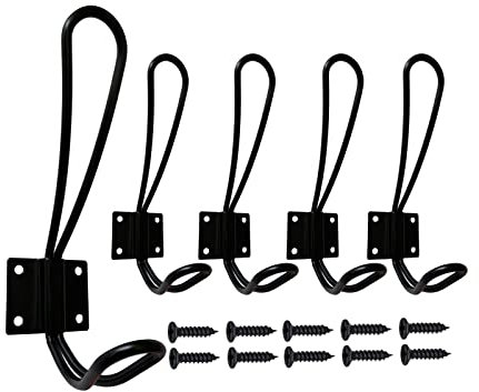 Beilala Coat Hooks Black, 5 Pack Rustic Metal Wire Wall Hooks Heavy Duty Double Prong Robe Hook with Screws for Entryway Bedroom Bathroom Kitchen Garage Toilet Office Shop