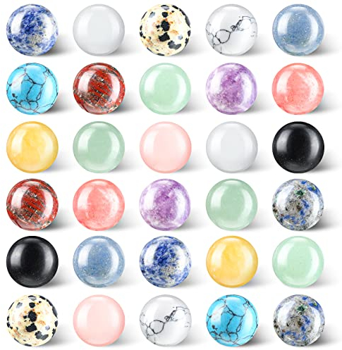30 Pieces Gemstone Chakra Sphere Balls Crystal Stones 16 mm Assorted Mini Natural Quartz Sphere Collection Polished Hand Carved Crystal Ball Bead Bulk for Witchcraft Meditation Reiki Balancing Decor