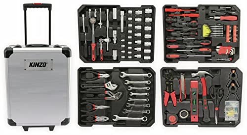 JUNG KINZO Werkzeugkoffer gefüllt 187 tlg, Werkzeug Set für den Haushalt & Profesionelle Nutzung, Werkzeugkasten Metall mit 4 Fächern, platzsparend, Werkzeugbox