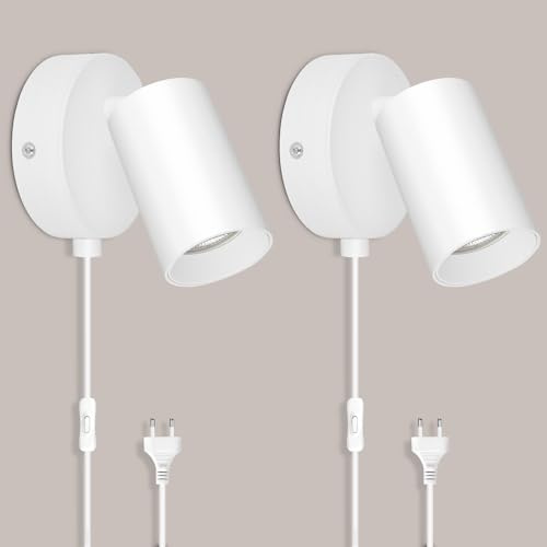 TaFiCo 2 Pezzi Applique da Parete con Spina e Cavo Bianco GU10 - Lampada da Muro Interno Moderna Ruotabile 350° - 7W Abat Jour da Muro per Camera da Letto Soggiorno Corridoio - Senza Lampadina