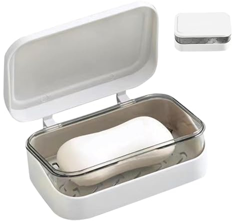 Soap Case Holder, 2 Layers Soap Dish Tray with Removable Drainer and Lid, Portable Rectangular Soap Dish Container for Bathroom Shower Gym Laundry Room(White)