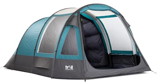 Trail Gidleigh Inflatable 5 Man Air Tent with Living Area, Family Camping Tunnel Tent, 5000mm Waterproof, Dark Zone Bedroom, Safety Purge Pump and Bag (L465cm x W320cm x H200cm)