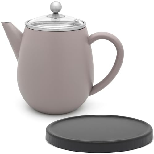 graue doppelwandige Teekanne 1.1 Liter - isolierende Edelstahl Kanne mit Deckel aus Glas & Tee-Filter Sieb-Einsatz und schwarzem Holz-Untersetzer