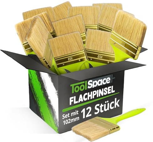 ToolSpace 12er Set Flachpinsel - 102mm - Flachpinsel - Ergonomischer Kunststoffstiel - Naturborsten mit Synthetikborstenmischung - Dichte Borsten - Für alle Arten von Farben.