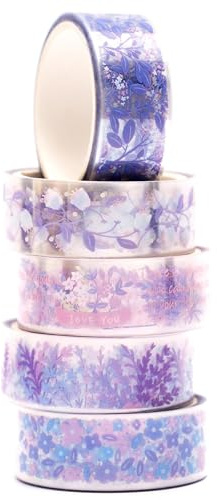 KAVI' S 5 Rollos Flor Washi Tape Set cinta adhesiva decorativa PET Washi Glitter Adhesivo de Cinta Decorativa para DIY Crafts Scrapbooking (lavanda)