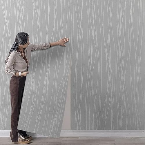 Tarwanear Grey Wallpaper Glitter Striped Textured Wallpapers 53x950cm Thick Wall Paper Grey Stripes Feature Flocking Embossed Wallpaper Roll for Livingroom Bedroom Lounge Hallway