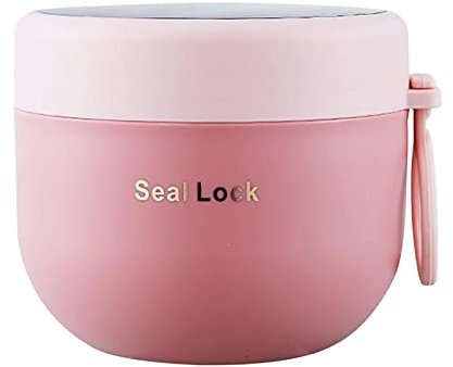 QOTSTEOS Insulated Lunch Box, 600ml Round Metal Stainless Steel Hot Food Bento Boxes, Portable Soup Salad Porridge Thermal Food Flask Jar, for Office School Soup Porridge Salad Sandwich Picnic(Pink)