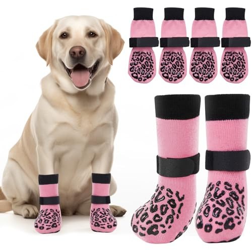 PICK FOR LIFE hundstrumpor 2 par halkfria strumpor för hundar dubbelsidiga med justerbara remmar för inomhusbruk (rosa, L)