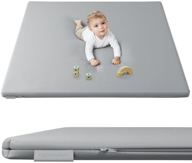 COMOMY Veganes Leder Krabbelmatte Baby, 127x127x3 cm Krabbeldecke für Baby, Extra Dicke und Weiche Schaum Spielmatte Baby Kinder, Wasserdicht & Rutschfeste Baby Play Mat für Laufstall (Hellgrau)