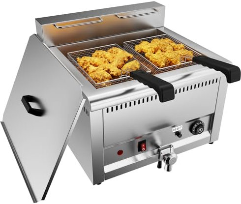 TAIMIKO Commercial Electric Fryer 22L Large Tank Electric Deep Fryer with Stainless Steel Chip Basket and Lid, Countertop Kitchen Deep Fat Fryer, Frying Machine,5000W,No Plug