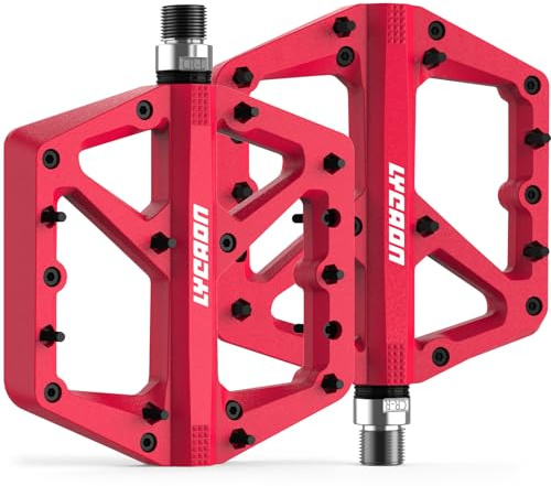 LYCAON Pédales de vélo - Pédales de vélo de course / VTT - Antidérapantes - Broche CR-MO - Pédales plates antidérapantes pour VTT 9/16 (Rouge)