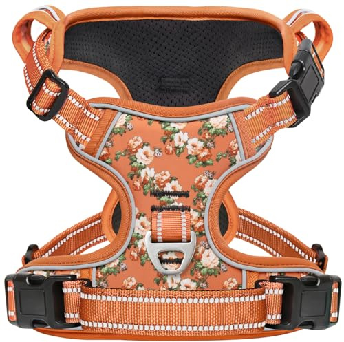 HEELE Hundsele, Hundsele Liten Små Medelstora Stor Hund, Andningsbar, Justerbar, Vadderat Handtag, 3 Spännen, Reflekterande Mjuk och Skön Hundsele, Antidragselar, Hundsele Antidrag, Blommig Orange, S