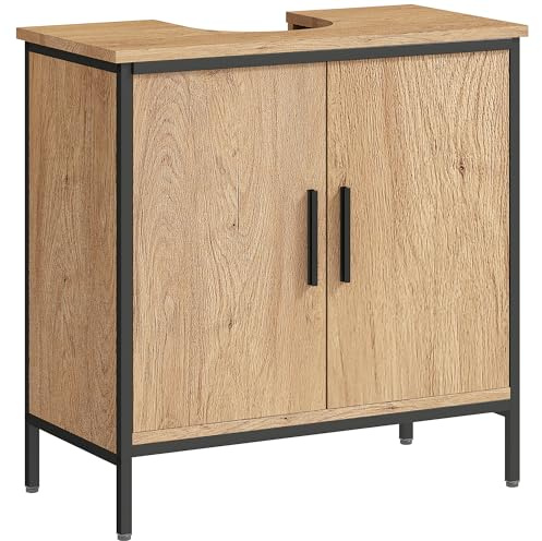 HOMCOM Under Sink Bathroom Cabinet, Industrial Freestanding Under Sink Cabinet with 2 Doors, Adjustable Shelf and Steel Frame for Basin without or with Pedestal, Oak