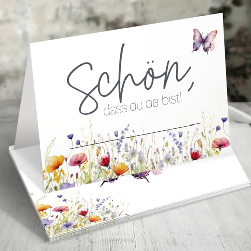 50 Tischkarten Schön dass du da bist - Florales Aquarell-Design mit Schmetterling - Platzkarten für Hochzeit, Taufe, Geburtstag, Konfirmation - Tischdeko Frühling/Sommer - Funke & Brand