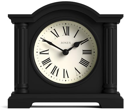 JONES CLOCKS® Kensington Reloj de repisa | Reloj clásico con Parte Superior en Arco | Negro | Elegante y contemporáneo | Ideal para Escritorio, repisa de Chimenea, estantería o mesita de Noche