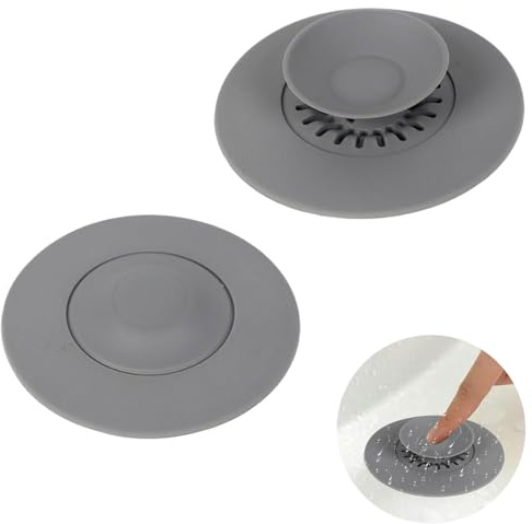 Set de 2 Tapones de Desagüe de Silicona Flexible,con Colador Integrado para Filtrado,Color Gris y Diámetro 10,8 cm,para Lavabos,Fregaderos de Cocina y Bañeras,Versátiles para Evitar Atascos