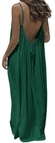 TFNOSIZE Women’s Summer Maxi Dress, Backless Spaghetti Strap Beach Dress, Loose Fit Holiday Dress with Adjustable Tie Dark Green
