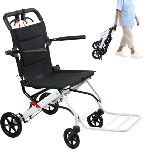 Mitoydoe Silla plegable ligera de aleación de aluminio – Silla de transporte portátil y plegable con capacidad de carga de 265 libras, cinturón de seguridad, diseño ergonómico para viajes, ancianos