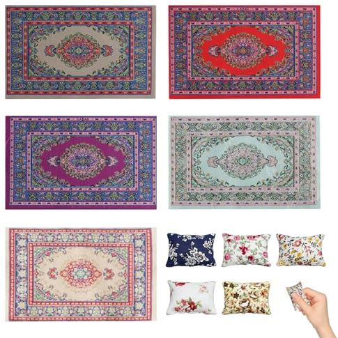 10 piezas muebles de casa de muñecas, mini alfombra y almohada, mini alfombra retro de Turquía, 1:12 casa de muñecas decoración de dormitorio, muebles en miniatura