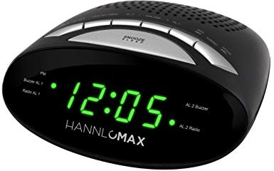 HANNLOMAX HX-116CR Alarm Clock Radio, PLL AM/FM Radio, Dual Alarm, 0.6 Green LED Display (Black)