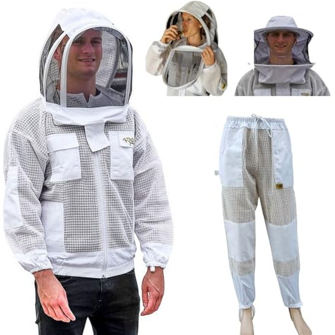 OZ ARMOUR Beekeeping Suit Jacket, Pants/Trousers with 2 Veils Fencing Hood & Round Brim Hat, Ventilated 3 Layer Mesh Costume (Large)