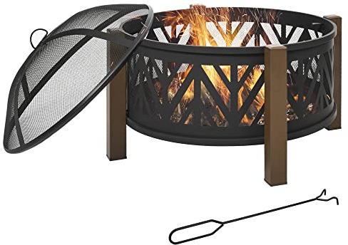 Outsunny Brasero cheminée Foyer extérieur dim. Ø 78 x 60H cm Grille Couvercle tisonnier métal Noir Marron