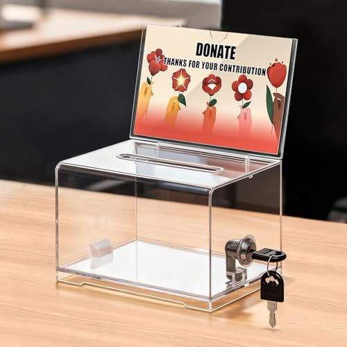 KYODOLED Clear Donation Box for Fundraising with Lock & Sign Holder, Valentines Day, Multi-Use Voting and Raffle Box, Tip Jar, Secure Storage, Durable Plastic, 6.2'' x 4.6'' x 4.0''