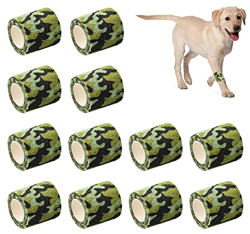 12 Rollen Selbstklebender Verband, 5 cm x 4,5 m Kohäsive Bandage, Vliesstoff Haftbandage, Elastische Klebebinde für Haustier Erste Hilfe Handgelenks Verstauchungen Schwellungen (Tarnung Braun)