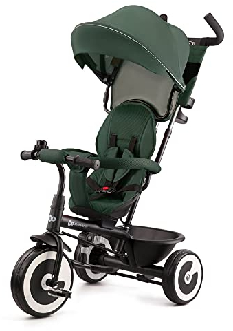 Kinderkraft ASTON Dreirad ab 9 Monate bis 25 kg, Kinderdreirad mit schubstange, drehbarer Sitz Vorwärts und Rückwärtsfahrt, ausklappbarem Verdeck mit sonnenschutz, Getränkehalter korb im set, Grün