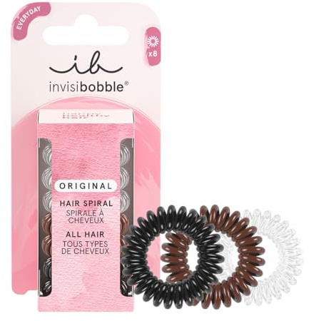 Invisibobble élastique cheveux noir, transparent et marron Original x8 - Elastique cheveux spirale femme - Elastique cheveux sans traces - Tenue forte