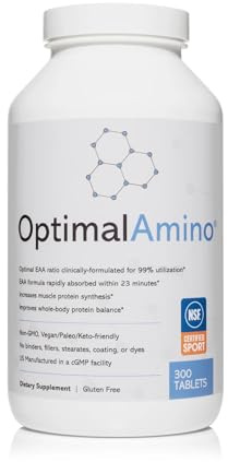 OptimalAmino Tablets (300 Count) | 99% Utilized Essential Amino Acids (EAA) Supplement, Increase Muscle Recovery, BCAA Protein Pre/Post Workout | NSF Certified for Sport® Certified