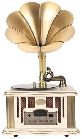 Vintage Gramophone -Lautsprecher, BT5.0 Retro Phonograph Wireless-Lautsprecher mit FM, USB-Aufladung, Dual-Lautsprecher (White)