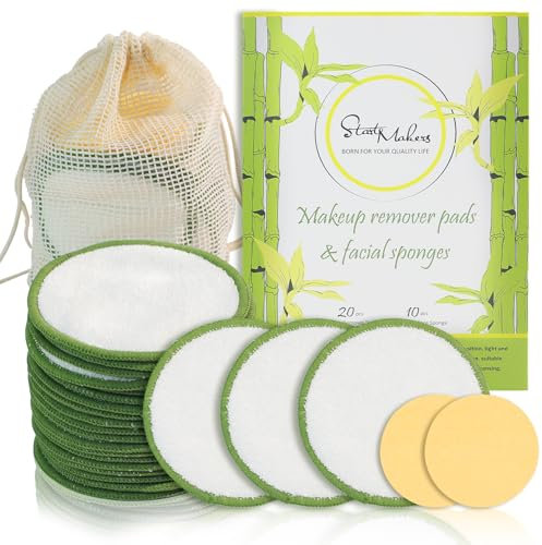 Reusable Makeup Remover Pads, START MAKERS 20Pcs Reusable Cotton Pads with 10 Facial Sponges Cleansing, Natural Bamboo Cotton Rounds 2-Layers Washable Face Cotton Pads with Laundry Bag