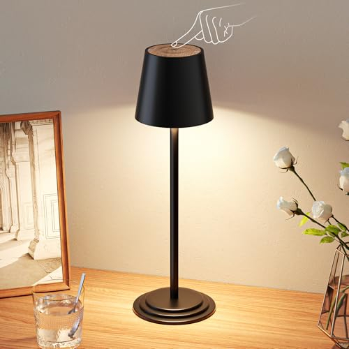 Bonsery Tischlampe Kabellos, Dimmbare LED Akku Tischleuchte, Outdoor Touch Lampe mit Holzmaserung Tischlampe Wasserdicht für Schreibtisch Restaurant Schlafzimmer Bar