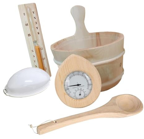 Colcolo Sauna Wooden Bucket and Ladle Kit,Sauna Accessories Set,Lamp,Thermometer for Sauna Room Sauna Heater Bathing SPA Centers Home