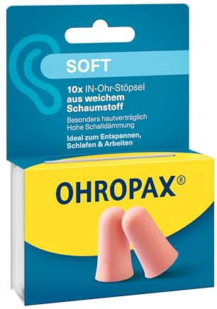 OHROPAX Soft Ohrstöpsel – IN-Ohr-Stöpsel aus weichem Schaumstoff – besonders unauffällig und bequem – Schalldämmwert SNR 31 dB – ideal zum Entspannen, Schlafen und Arbeiten – 10 Stück