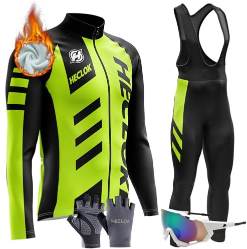 Vêtements Cyclisme Homme Hiver Tenue Cycliste en Polaire Thermique,Ensemble de Combinaisons, Maillot de Velo VTT Manche Longue Jersey et Pantalon à Bretelle avec 9D Coussin Gel (TYP-4,3XL)