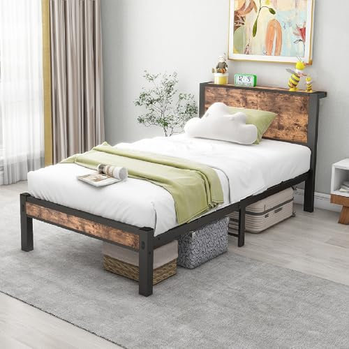 MOFLUT Metall Bett 90x200 mit Holz Stauraum Kopfteil, Einzelbett Einzelbetten Holzbett mit Lagerregal Kopfteil, (Betten 90x200cm)