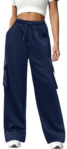 Totatuit Cargo Pantalones Anchos Mujer Termico 4 Bolsillos Elasticos Cintura Alta Elegante Largo Pantalón Trabajo Fiesta Moda Adolescente Y2K Casual Punk Azul Marino M