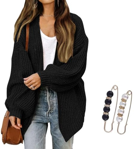 Nbzsmlkn Womens Cardigan Sweaters,Womens Oversized Cardigans Long Lantern Sleeve Chunky Knit Loose Fall Sweater Coats,Casual Open Front Outwear Knitwear Coat (Black,M)