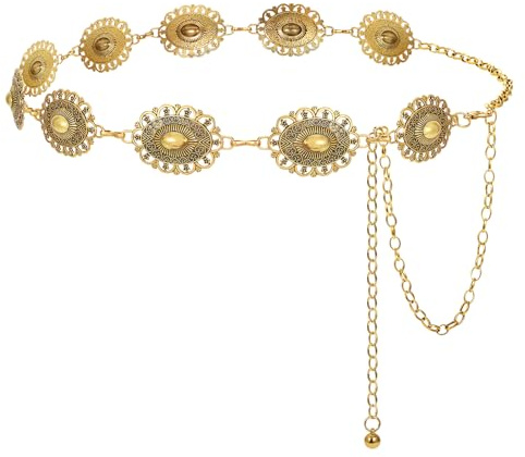 LEACOOLKEY Cintura occidentale in metallo Concho per donne Cowgirl Cintura a catena in vita Boho per abiti Jeans Pantaloni Oro