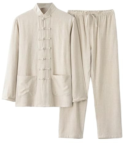 Chinese Kung Fu Suit Men Linen Mandarin Collar Shirt and Pants Traditional Clothes Hanfu Tai Chi Uniform Vintage Tang Arts Costume Cosplay Apparel Hipster Clothing ropa para Hombre Khaki