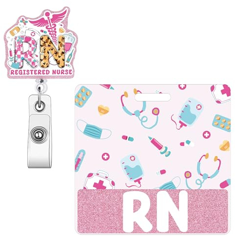 JoyAura Nurse ID Badge Reel - RN Retractable Badge Reel with Glitter for Hospital Supplies, Registered Nurse Name Badge Clips Pink Accessories for Work, Nurses Week Gifts