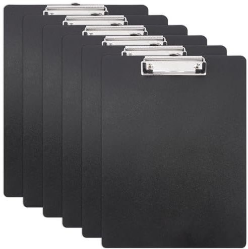 6 stycken klämbrädor A4,22,5 cm x 31,5 cm klippbräda A4, plast klämbräda mapp, infällbar upphängningsögla, svart klämbrädor med hål för meny, kontorsarbetare, studenter, lärare, servitör och läkare