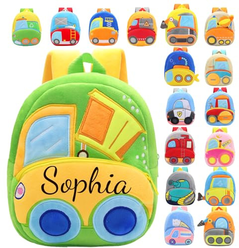 Personalised School Bag with Embroidered Name, Kids Backpack for Boys & Girls, Lightweight Waterproof Children Rucksack for Primary Kindergarten Preschool, Toddler Daypack (wheelbarrow)